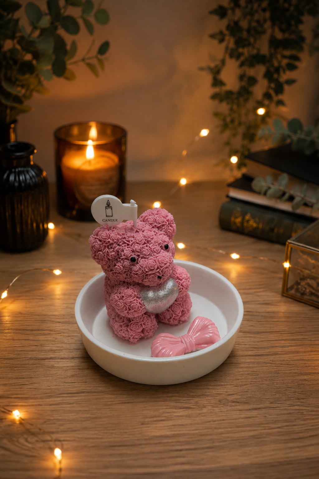 Bougie Ourson Fleuri Rose avec Cœur Argenté