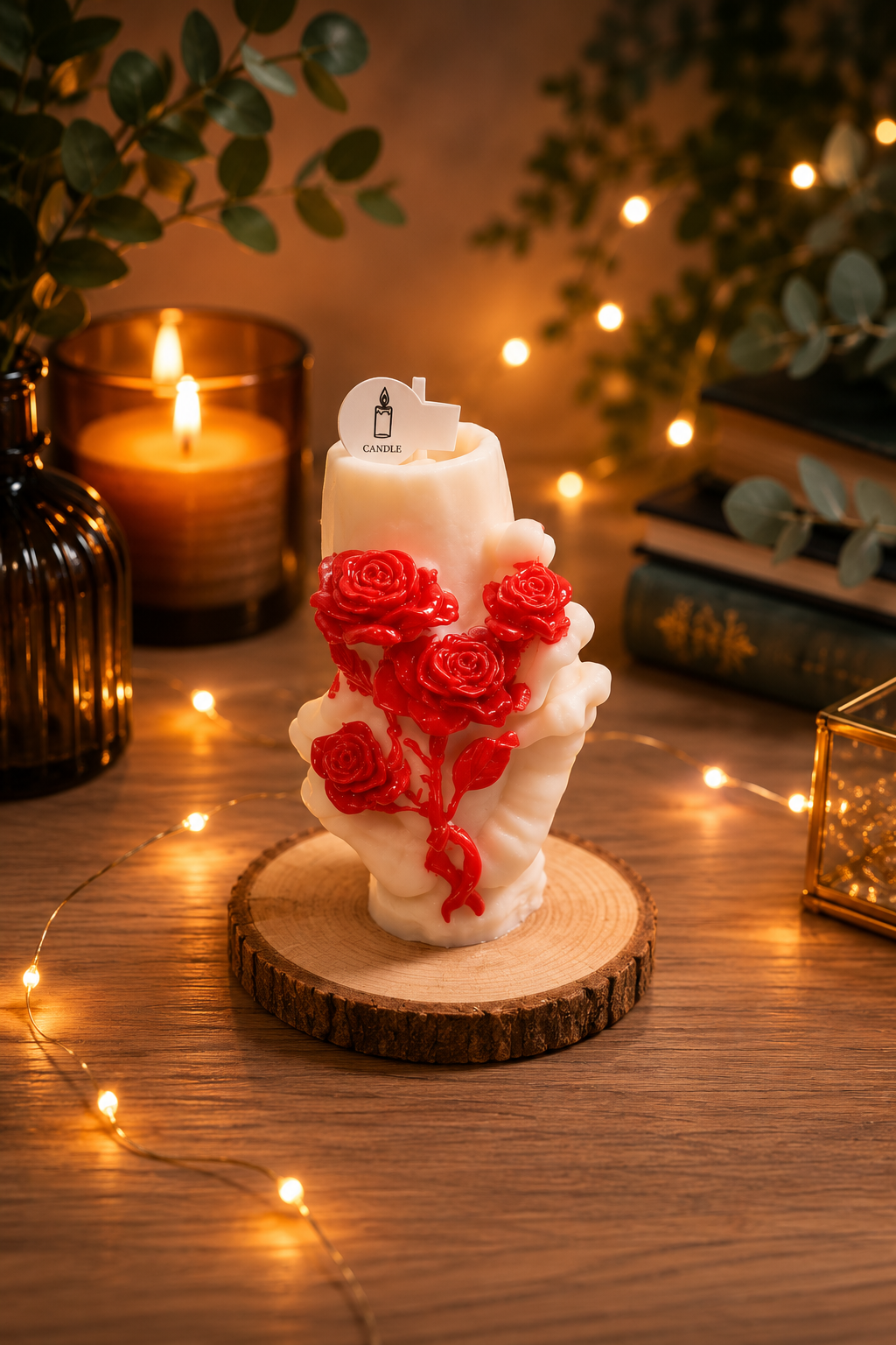 Bougie Artisanale Mains & Roses Rouges